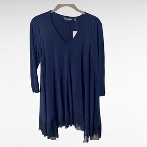Nina Leonard Navy Blue Jersey V- neck Tunic Blouse with Chiffon Hem Size Small